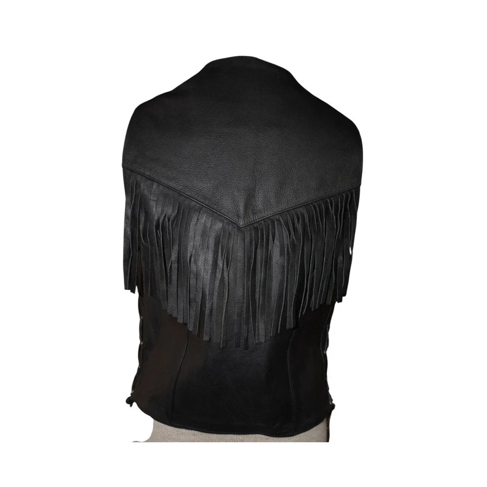 Vintage Black Leather Fringe Biker Vest Men’s M/L — Western Motorcycle Side Lace